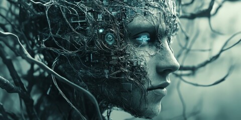 A cyborg's face with intricate circuitry.