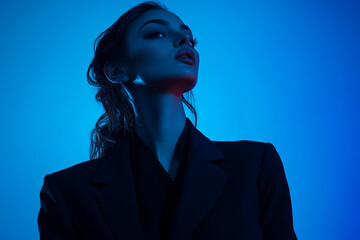 High Energy Womans Black Suit with Solid Neon Blue Contemporary Lifestyle Portrait Background