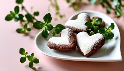 Heart-shaped chocolate cookies on a white plate surrounded by greenery, creating a sweet and elegant minimalistic springtime setting for Valentines Day celebration.