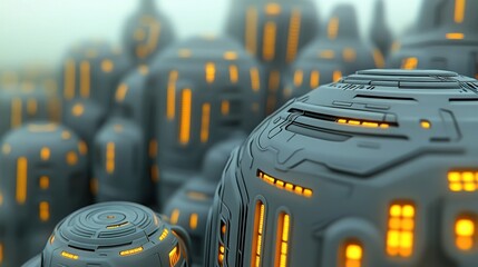 A close up of a bunch of futuristic looking buildings with glowing lights, AI