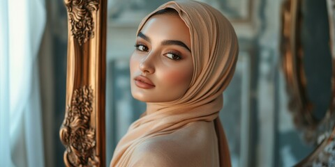 Wall Mural - Woman in hijab, looking away, ornate frame.