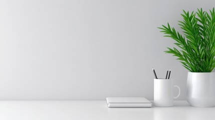 Wall Mural - A white vase with a plant in it on top of the table, AI