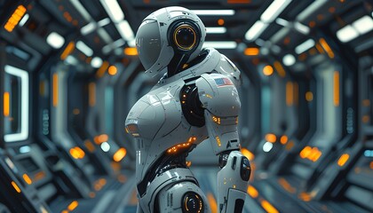 Futuristic female humanoid robot exploring the cosmos inside a technologically advanced spaceship, illuminated by vibrant lights in a science fiction setting