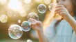 © Monchisa - Joyful children chasing shimmering bubbles in a serene park at sunset, warm sunlight reflecting off delicate bubbles, minimalist backdrop enhancing their playful spirit