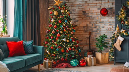 Christmas Tree Decorated With Ornaments And Lights In A Living Room