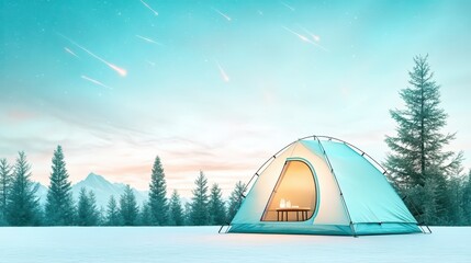 Wall Mural - A cozy tent set in a snowy landscape, surrounded by tall trees under a starry sky. Perfect for winter camping and adventure.