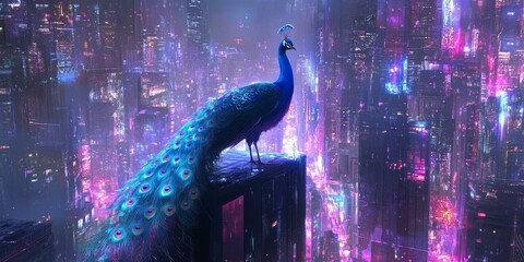 Canvas Print - A peacock stands on a rooftop overlooking a neon city.