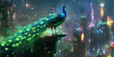 Wall Mural - A peacock stands on a building overlooking a futuristic city.