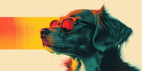 Wall Mural - Cool dog wearing sunglasses against a yellow and orange background.