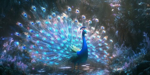 Wall Mural - Peacock with iridescent tail feathers in a magical forest.