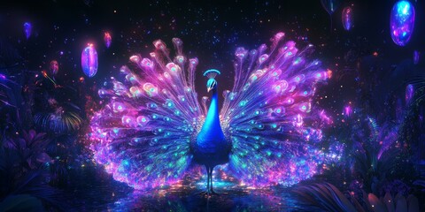 Canvas Print - Neon peacock in glowing jungle with lights.