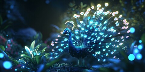 Sticker - A glowing peacock stands in a dark forest.