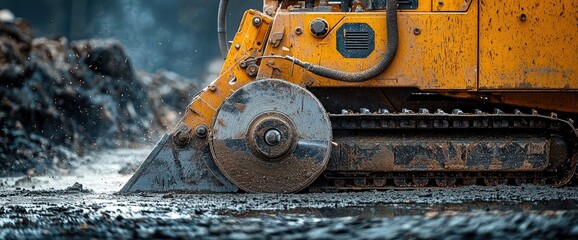 Closeup of a yellow construction machine with a large circular saw blade cutting through asphalt