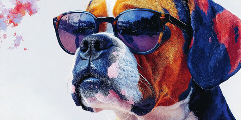 Canvas Print - A close-up of a dog wearing sunglasses. The dog's fur is a mix of brown, black, and white. The sunglasses are reflecting the sky.