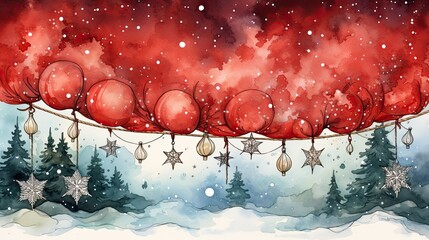 Christmas background winter watercolor with cute trees and festive decor in the snow. Red and white holiday backdrop drawn illustration. Extra space for text copy.