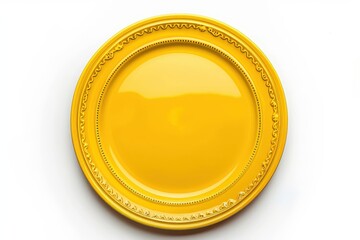 Yellow ceramic plate with decorative border on white background