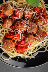 meatballs spaghetti tomato sauce meat fresh meal food snack on the table copy space foodbackground rustic top view