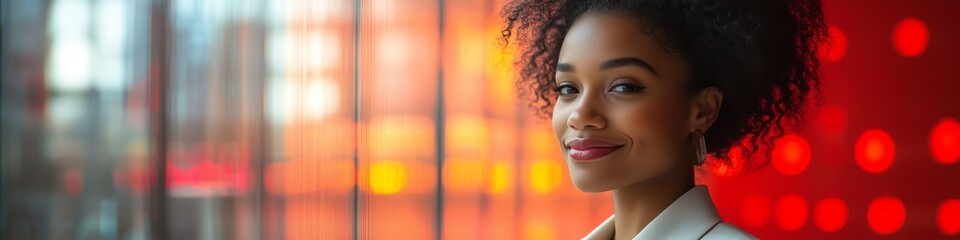 black businesswoman in white suit cinematic photograph smiling with blurred red background