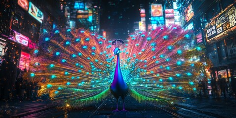 Sticker - A peacock with its feathers spread in a city street.