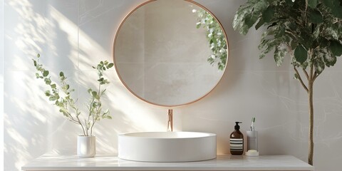 Poster - White bathroom vanity with round sink and mirror.