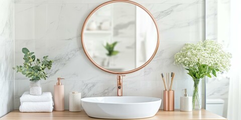 Poster - Modern bathroom with sink, mirror, towels, and flowers.