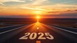 © CROCOTHERY - the road to success - 2025 year number on the asphalt, sunrise in the new year