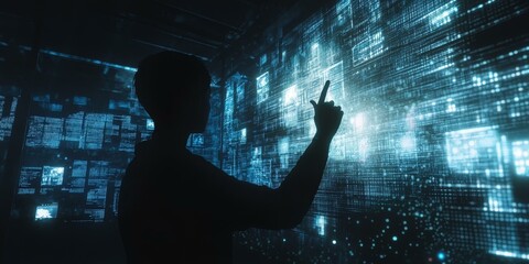 Silhouetted figure interacting with glowing blue code.