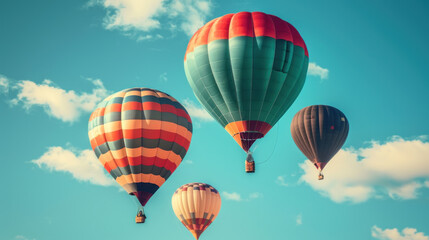 Hot air balloons flying in the blue sky. Colorful journey high in clouds. Adventure travel, freedom, leisure. Balloon flight tourism. Transportation, copy space.