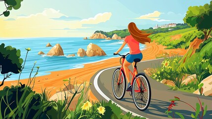 Woman Biking Along a Scenic Coastal Road