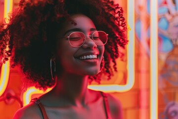 Joyful Young Woman with Curly Hair and Glasses in Vibrant Neon Lighting – Perfect for Lifestyle and Fashion Promotion