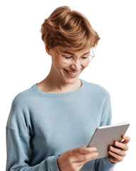 Poster - PNG Woman reading tablet smiling