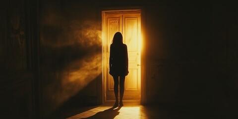 Silhouette of woman standing in doorway.