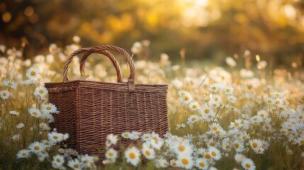 Canvas Print - wicker brown picnic basket placed in a lush daisies flowers meadow