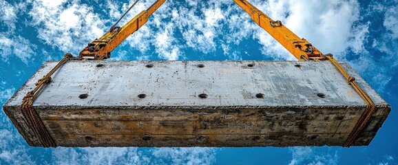 Concrete Block Being Lifted by Crane Against Blue Sky