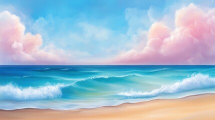 Sticker - A painting of a beach with waves and clouds in the sky, AI