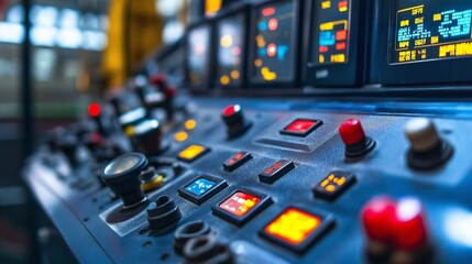 Poster - close-up of a control panel, with buttons, switches, and digital displays monitoring the operation of a large machine