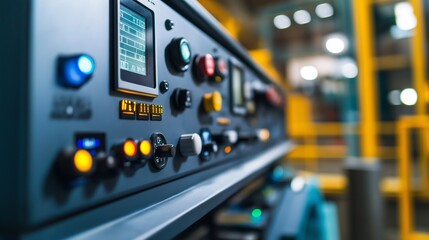 close-up of a control panel, with buttons, switches, and digital displays monitoring the operation