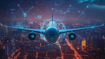 Wall Mural - the smart airplane collaborates with other aircraft and air traffic control through advanced communication systems,optimizing flight paths and improving air traffic management