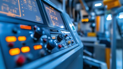 close-up of a control panel, with buttons, switches, and digital displays monitoring the operation