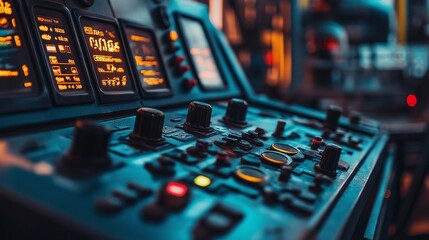 close-up of a control panel, with buttons, switches, and digital displays monitoring the operation