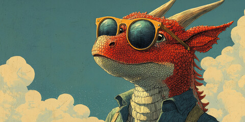 A red dragon wearing sunglasses looks towards the sky with a confident expression.