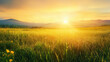 © Thru. - Spectacular sunrise over distant mountains, sun rays spreading across a vast meadow, dew-kissed grass glistening in the early light, serene morning landscape symbolizing new beginnings - Generative AI