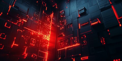 Wall Mural - Red lights illuminate a dark metallic grid.