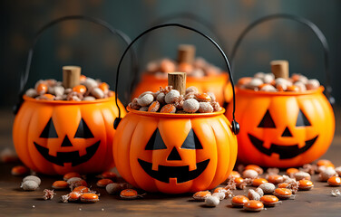 Wall Mural - halloween pumpkin and pumpkins full of candy