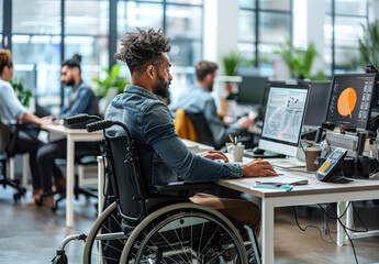 A young successful businessman sitting in a wheelchair and working in a modern office