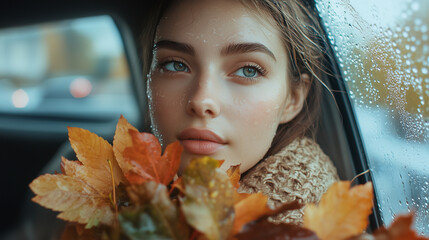 Wall Mural - Lovely young woman gazes out the car window while holding autumn leaves on a rainy autumn day