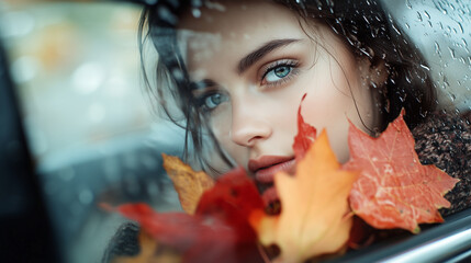 Wall Mural - Lovely young woman holds vibrant autumn leaves behind a rain-dappled car window