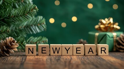 Wall Mural - Newyear wooden block on lthe table and tree background for new start and celebration concept.