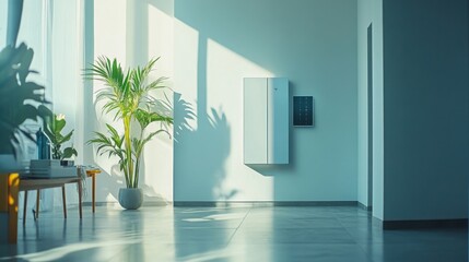 individuals practicing green energy solutions, like using home battery storage, electric vehicles, or solar energy, in a clean, modern home setting