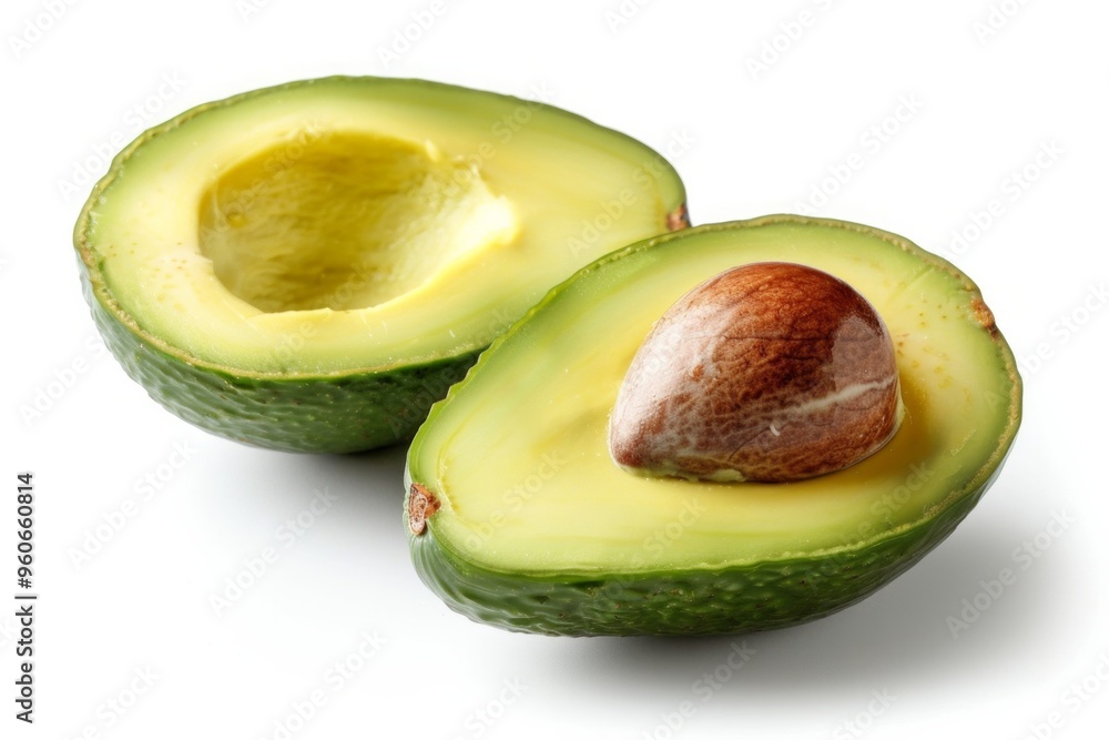 An immaculate image of a single, smooth, perfectly ripe avocado cut in ...